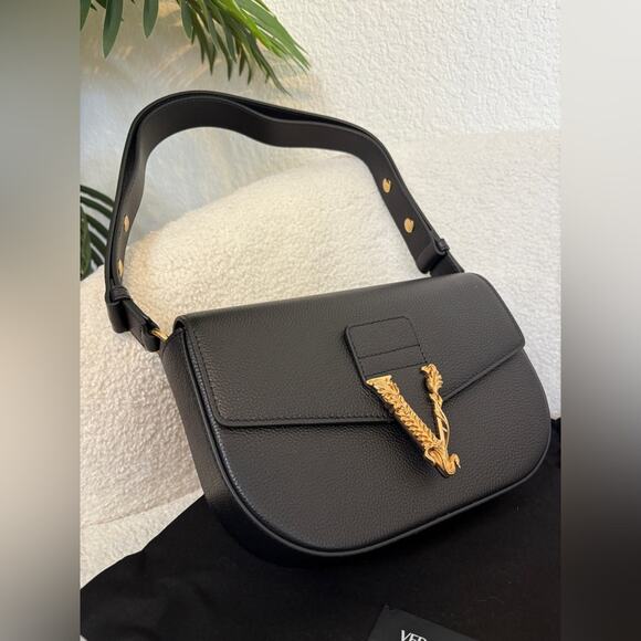 Versace Virtus Black Leather Shoulder Crossbody Bag NWT - Picture 4 of 12